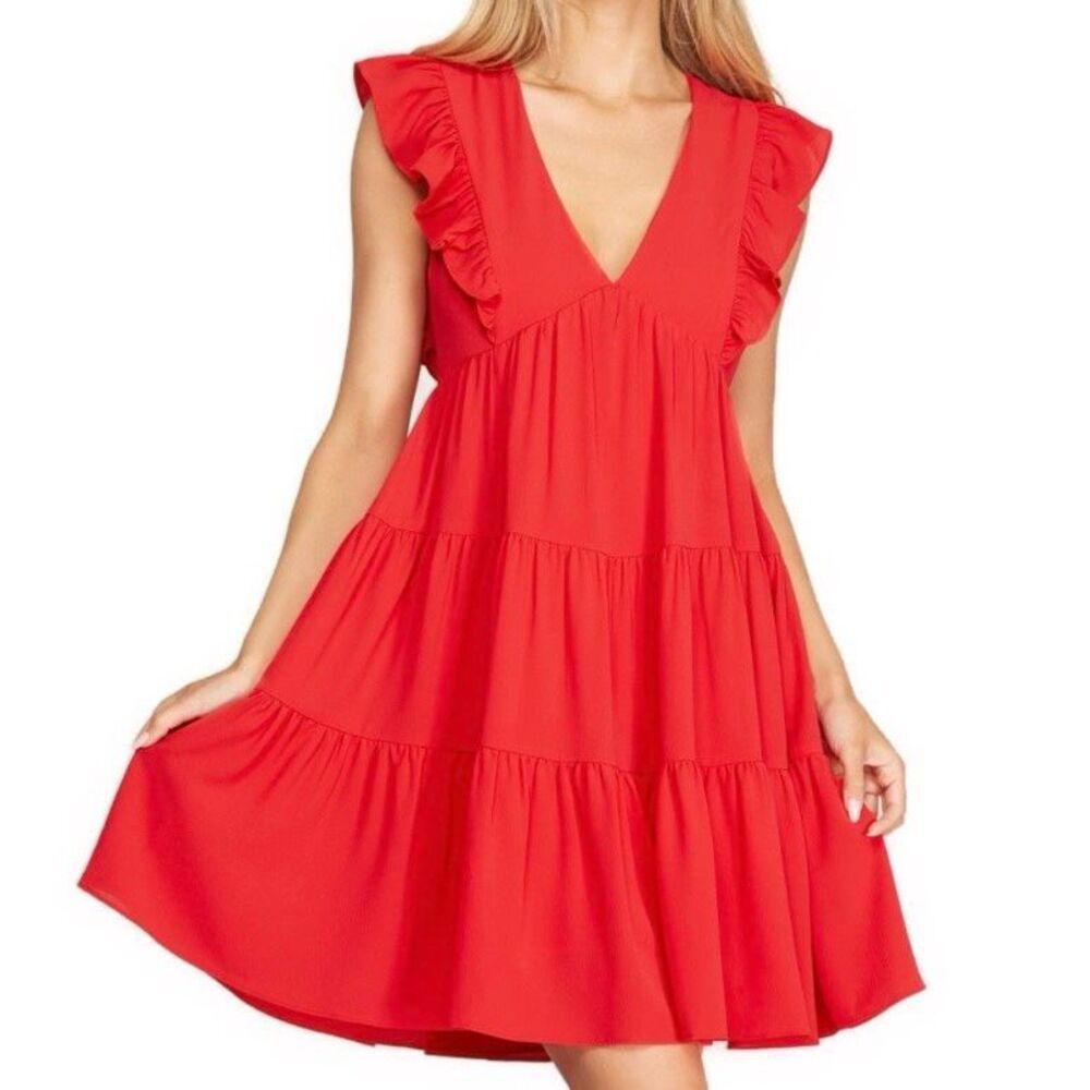 CALISTA | Red V-Neck Mini Babydoll Empire WaistDress Ruffle Tiered | Large
